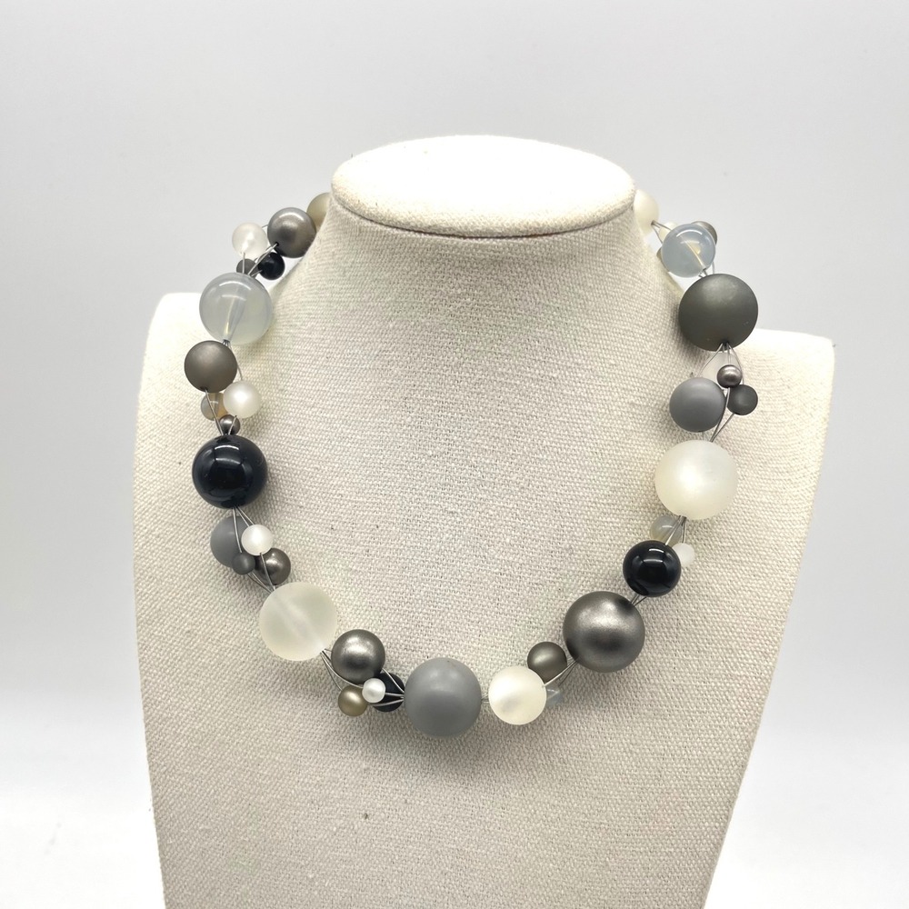 Avon PMA Gray Black White Floating Multi Strand Bead Illusion Necklace 20"